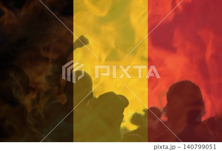 Belgium protests and civil unrest conceptual image. Silhouettes of crowd with raised fist demonstrating against Belgian national flag background with fire and smoke, editorial strike concept Belgium protests and civil unrest conceptual image. Silhouettes of crowd with raised fist demonstrating against Belgian national flag background with fire and smoke, editorial strike concept 140799051