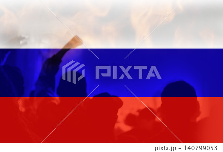 Russian flag background with blurry silhouettes of protesting crowd and smoke. Concept of political crisis, social unrest, revolution or propaganda in Russia Russian flag background with blurry silhouettes of protesting crowd and smoke. Concept of political crisis, social unrest, revolution or propaganda in Russia 140799053