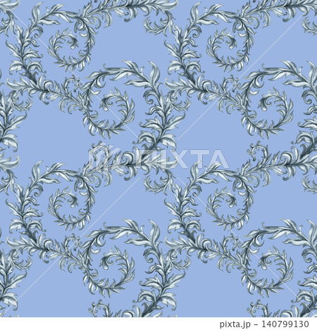 Elegant watercolor seamless pattern with ornamental botanical leaves in Wedgwood-inspired style. Decorative vintage design for wallpaper, fabric, wrapping paper, stationery, branding, textiles 140799130
