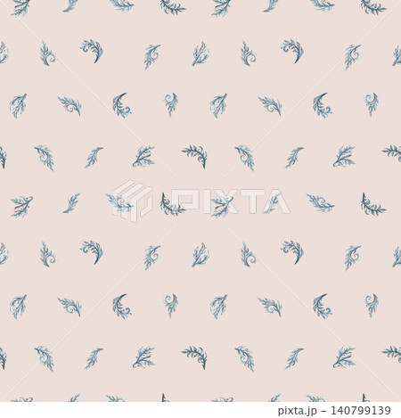 Delicate seamless pattern with small watercolor ornamental leaves arranged in a structured repeat. Elegant companion design for luxury stationery, branding and textiles Delicate seamless pattern with small watercolor ornamental leaves arranged in a structured repeat. Elegant companion design for luxury stationery, branding and textiles 140799139