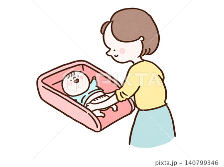 おむつ交換台の上で赤ちゃんのおむつを替える女性（育児・ベビーケア） 140799346