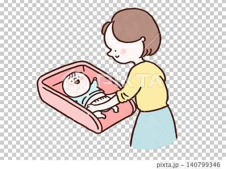 おむつ交換台の上で赤ちゃんのおむつを替える女性（育児・ベビーケア） 140799346
