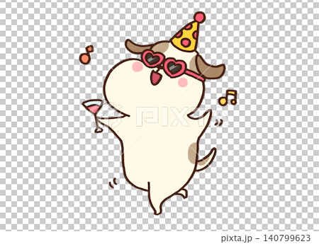 A dog (party animal) dancing cheerfully with a cocktail in hand and sunglasses on. A dog (party animal) dancing cheerfully with a cocktail in hand and sunglasses on. 140799623