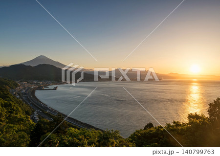 Satta Toge pass with Mt. Fuji view by sea at sunrise, Shimizu, Shizuoka Satta Toge pass with Mt. Fuji view by sea at sunrise, Shimizu, Shizuoka 140799763