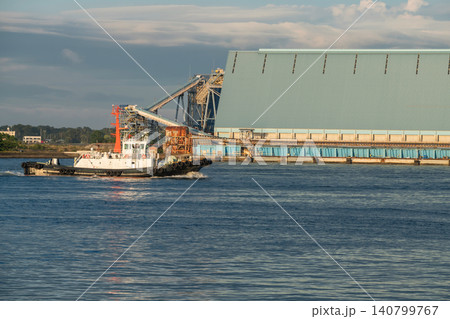 cargo ships sailing from Shimizu port through factory, Shizuoka cargo ships sailing from Shimizu port through factory, Shizuoka 140799767