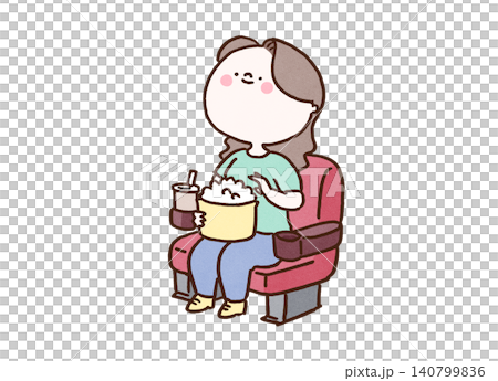 A woman watching a movie with a popcorn bucket in her hand (movie viewing, holiday) A woman watching a movie with a popcorn bucket in her hand (movie viewing, holiday) 140799836