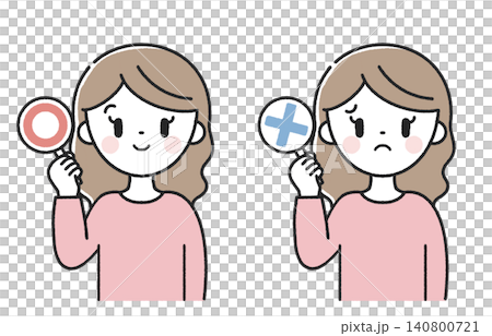 A woman holding a circle and an X mark. A woman holding a circle and an X mark. 140800721