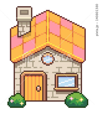 ドット絵の煙突のある家,透過背景,黄色 140801380