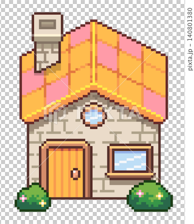 ドット絵の煙突のある家,透過背景,黄色 140801380