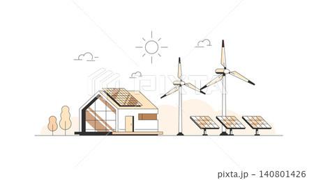 Solar Panels and Wind Turbines. Eco House, Energy Effective House 140801426