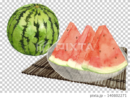 水彩で描いた丸ごとスイカとカットしたスイカのイラスト素材【手描き】白バック 透過背景 コピースペース 水彩で描いた丸ごとスイカとカットしたスイカのイラスト素材【手描き】白バック 透過背景 コピースペース 140802271