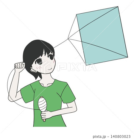 凧揚げを楽しむ笑顔の女性のイラスト。 凧揚げを楽しむ笑顔の女性のイラスト。 140803023