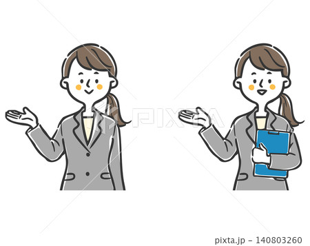 スーツを着た女性社員2が案内しているイラスト　上半身　ベクター 140803260