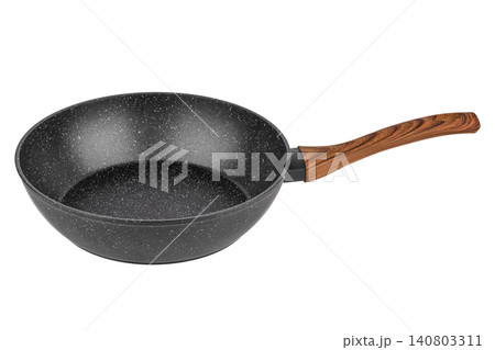Side view of black non-stick frying pan isolated on white background Side view of black non-stick frying pan isolated on white background 140803311