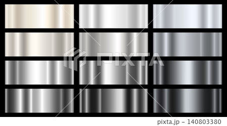 Set of twelve silver and platinum gradients on a black background. Metallic gradient effects for text and infographic design. 140803380