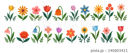 Set of field and garden flowers with twigs on a beige background. Set of field and garden flowers with twigs on a beige background. 140803421
