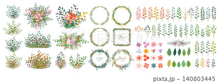 Collection of flowers, twigs, leaves, wreaths, flower bouquets, and compositions on a white background. Collection of flowers, twigs, leaves, wreaths, flower bouquets, and compositions on a white background. 140803445