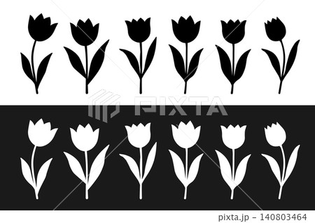 Set of black and white silhouettes of tulips. Collection of summer and spring flowers. Set of black and white silhouettes of tulips. Collection of summer and spring flowers. 140803464