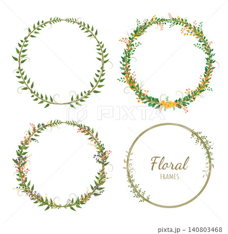 Set of elegant round floral wreaths on a white background. Frames with summer and spring flowers and twigs. Set of elegant round floral wreaths on a white background. Frames with summer and spring flowers and twigs. 140803468