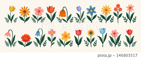 A set of field and garden flowers with twigs on a beige background. 140803517