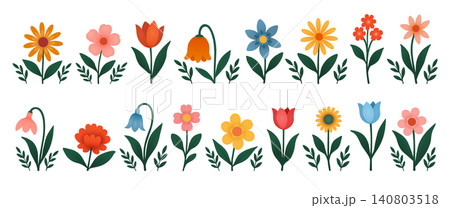 Set of field and garden flowers with twigs on a white background. Set of icons with abstract, summer-spring flowers. 140803518