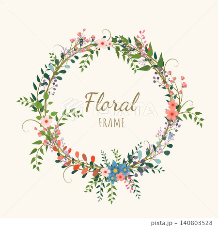 Floral wreath of twigs, flowers and leaves on a light beige background. Floral wreath of twigs, flowers and leaves on a light beige background. 140803528
