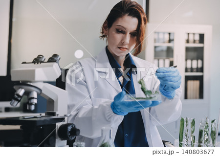 Scientists in lab coats work with plants in a modern lab, focusing on research and experimentation under bright, sterile conditions. Scientists in lab coats work with plants in a modern lab, focusing on research and experimentation under bright, sterile conditions. 140803677