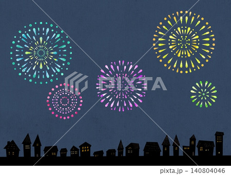 家が並んだ街並みと打上花火のイラスト 夏休みの打ち上げ花火 家が並んだ街並みと打上花火のイラスト 夏休みの打ち上げ花火 140804046