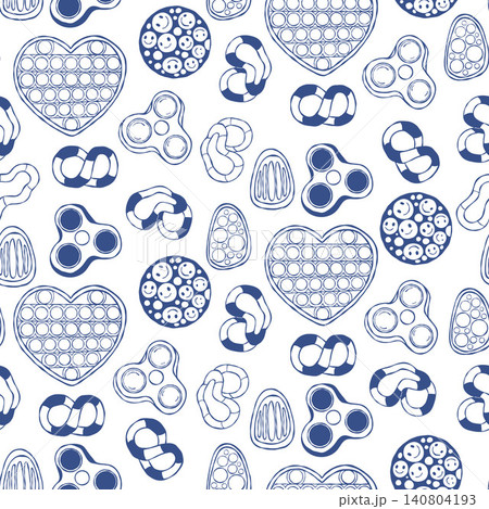Sensory Fidget Toy Seamless Pattern Hand Drawn. Stress Relief Bubble Heart, Spiky Ball and Spinner on White Background. Blue Line Art. Vector illustration. Calming Tool Ornament for Kids Attention. Sensory Fidget Toy Seamless Pattern Hand Drawn. Stress Relief Bubble Heart, Spiky Ball and Spinner on White Background. Blue Line Art. Vector illustration. Calming Tool Ornament for Kids Attention. 140804193