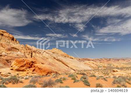 Red sandstone desert cliffs with blue sky dramatic rock landscape Red sandstone desert cliffs with blue sky dramatic rock landscape 140804619