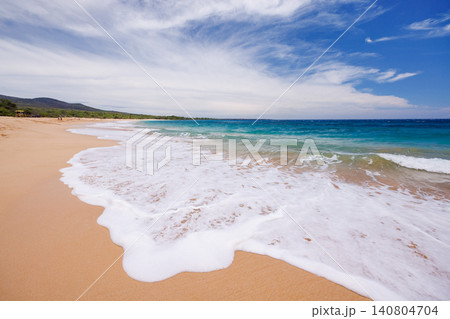 Sunny beach in Hawaii with golden sand, clear water under a bright sky Sunny beach in Hawaii with golden sand, clear water under a bright sky 140804704