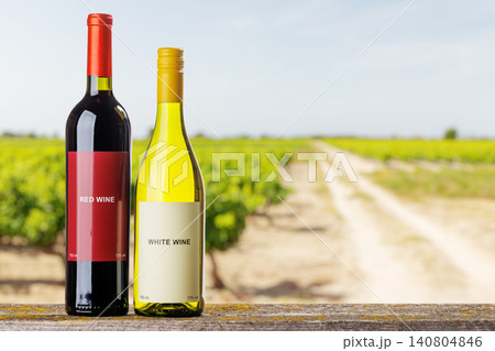 Red and white wine bottles with grapes 140804846