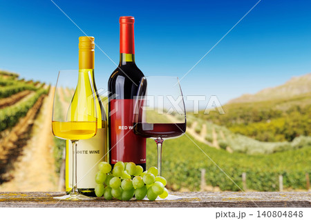 Red and white wine bottles with grapes Red and white wine bottles with grapes 140804848