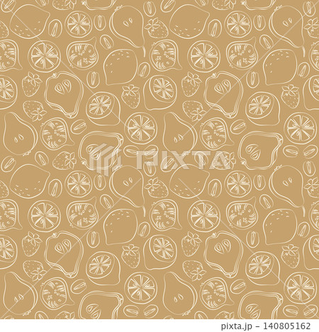 Hand-drawn seamless pattern on beige with summer fruits, pear, lemon, fig for grocery, farmers market, summer food packaging, menu Hand-drawn seamless pattern on beige with summer fruits, pear, lemon, fig for grocery, farmers market, summer food packaging, menu 140805162