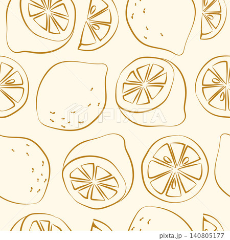 Hand-drawn seamless pattern with sliced lemon in line art style for grocery shop, farmers market, summer packaging, event decor Hand-drawn seamless pattern with sliced lemon in line art style for grocery shop, farmers market, summer packaging, event decor 140805177