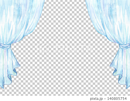 A frame of a blue curtain/screen painted in watercolor. A frame of a blue curtain/screen painted in watercolor. 140805754