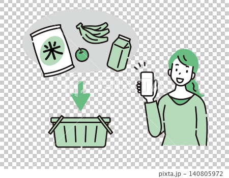 一位女士用智慧型手機將購買的食品放入購物車。 一位女士用智慧型手機將購買的食品放入購物車。 140805972