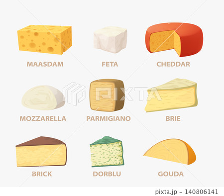 Cheese varieties set labeled food on white 140806141