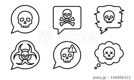 Skull and crossbones in speech bubbles for danger warning and toxic alert, minimalist line art icons. Skull and crossbones in speech bubbles for danger warning and toxic alert, minimalist line art icons. 140806322