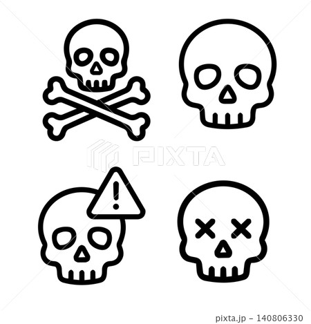 Skull and crossbones icons set for danger warning and security alert, minimalist line art vector illustration. Skull and crossbones icons set for danger warning and security alert, minimalist line art vector illustration. 140806330