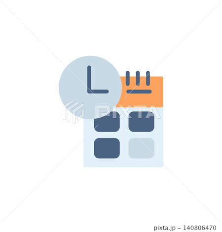 Date and time icon for calendar and clock feature. Calendar with clock symbol for scheduling application or settings menu. Icon design flat style 140806470