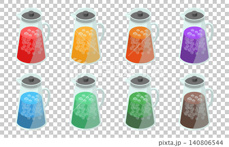 A pitcher set of 8 colorful drinks with ice. A pitcher set of 8 colorful drinks with ice. 140806544