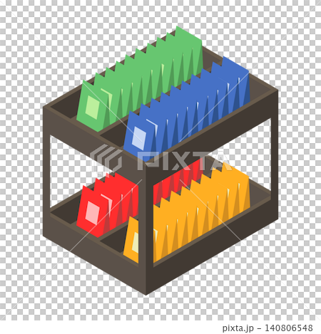 Colorful drip bags stored on a two-tiered rack. Colorful drip bags stored on a two-tiered rack. 140806548