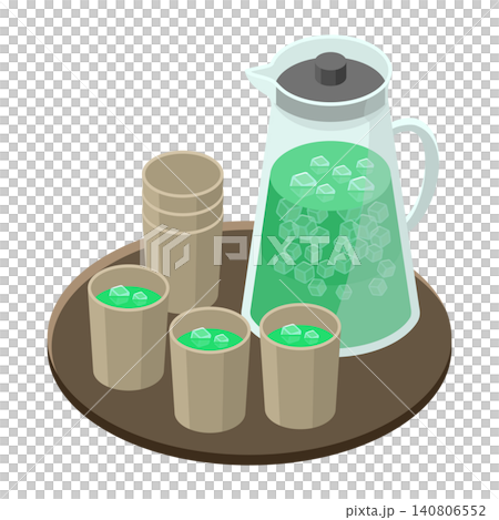 お盆に載った冷たい緑茶のピッチャーとコップのセット 140806552