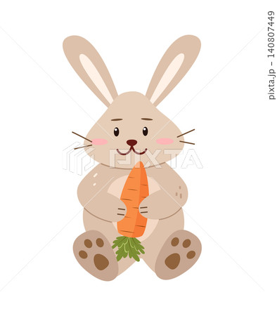 Cute cartoon bunny, hare with carrots. Vector illustration little rabbit. Print for nursery, poster and postcard. Cute cartoon bunny, hare with carrots. Vector illustration little rabbit. Print for nursery, poster and postcard. 140807449