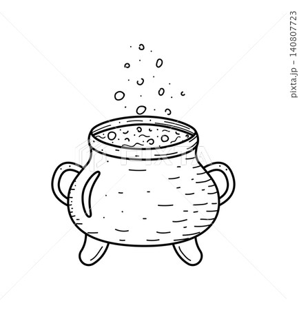 Cartoon cauldron with boiling potion hand drawn doodle style. Vector illustration of a witch's potion in a boiler, Halloween concept. Isolated on a white background. Cartoon cauldron with boiling potion hand drawn doodle style. Vector illustration of a witch's potion in a boiler, Halloween concept. Isolated on a white background. 140807723