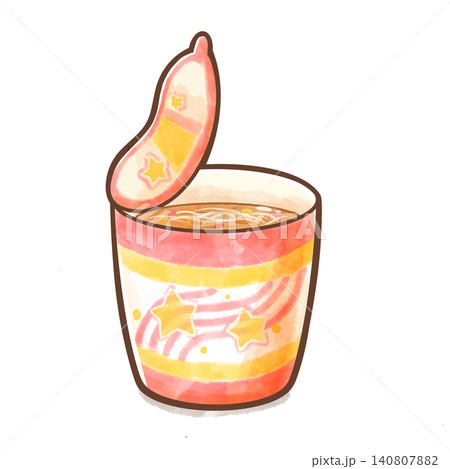 水彩風のシンプルなカップラーメンのイラスト(顔なし・蓋が開いた状態) 水彩風のシンプルなカップラーメンのイラスト(顔なし・蓋が開いた状態) 140807882