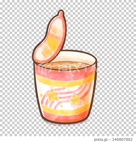 水彩風のシンプルなカップラーメンのイラスト(顔なし・蓋が開いた状態) 水彩風のシンプルなカップラーメンのイラスト(顔なし・蓋が開いた状態) 140807882