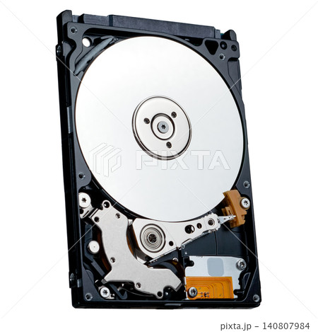 a computer's hard disk HDD data storage drive without a shield isolated in a white background shows magnetic disc and electronic parts inside a computer's hard disk HDD data storage drive without a shield isolated in a white background shows magnetic disc and electronic parts inside 140807984