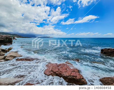 Adriatic coastline with rocky sea cliffs and white waves on shore nature landscape Adriatic coastline with rocky sea cliffs and white waves on shore nature landscape 140808458
